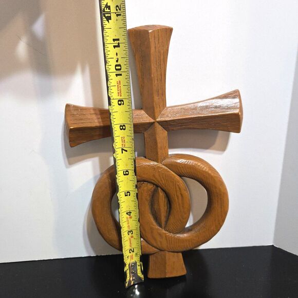 Vintage Wedding Rings Wooden Cross Wall Hanging MCM 12x8 in Religious Art - Picture 4 of 4